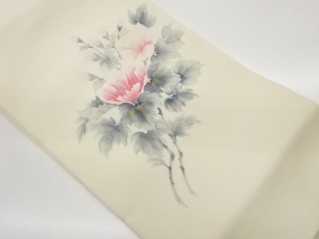 作家物　塩瀬金彩手描き花葉模様名古屋帯